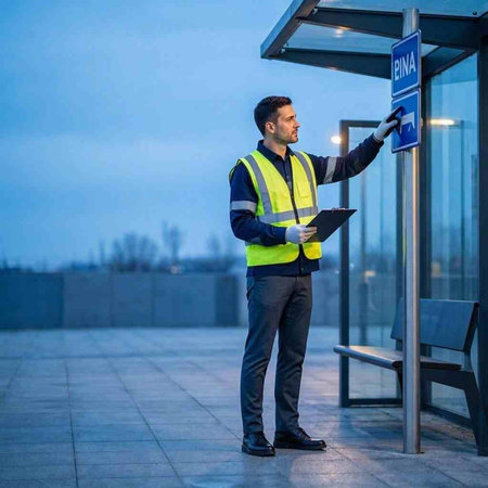 A man in a reflective vest with a clipboard stands at a bus stop.