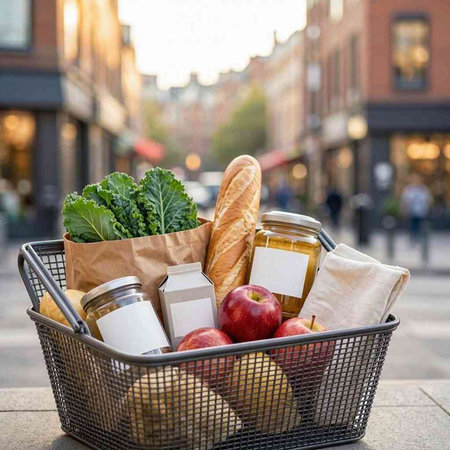 Shopping basket full of groceries on the street. Food delivery concept