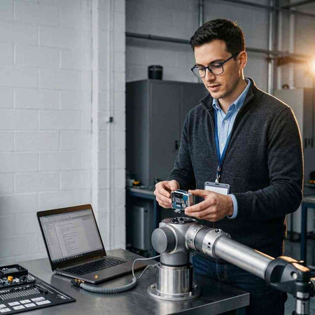 Portrait of a handsome young man in glasses and a jacket working with a video camera in the workshop.