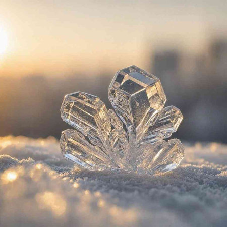 Ice crystal in the snow. Winter background with snowflakes.
