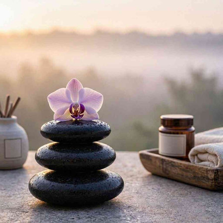 Spa still life with zen stones and orchid flower.