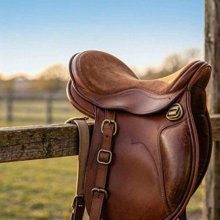 A closeup shot of a saddle on a wooden fence in the countryside