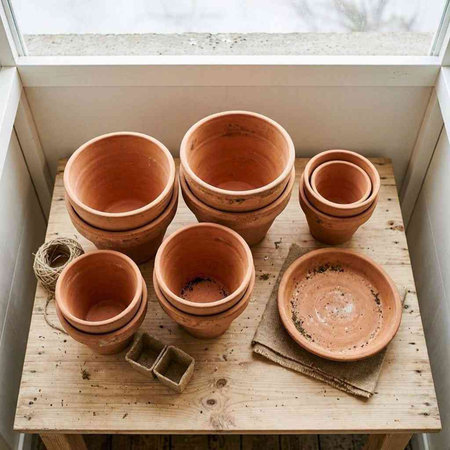 clay pots on a wooden shelf in the kitchen. close up