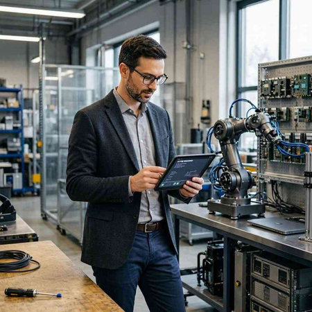 Engineer in a suit and glasses works with a tablet in the factory.