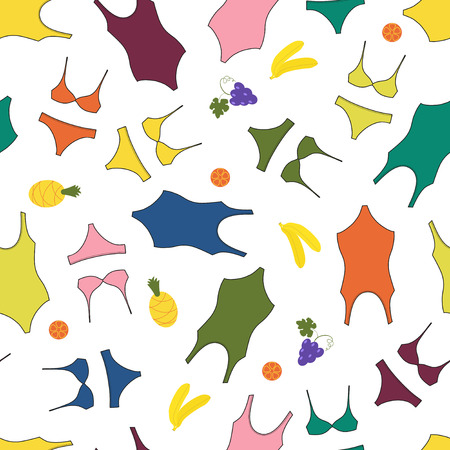 Solid swimsuits, bikinis and tropical fruits. Vector cute bright colored seamless pattern.のイラスト素材