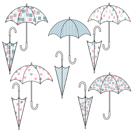 Set of umbrellas with different cute patterns. Color illustration. Isolated on white background.のイラスト素材