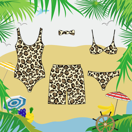 Swimwear and swim shorts with leopard pattern. Vector image of clothes with the attributes of a summer holiday.のイラスト素材