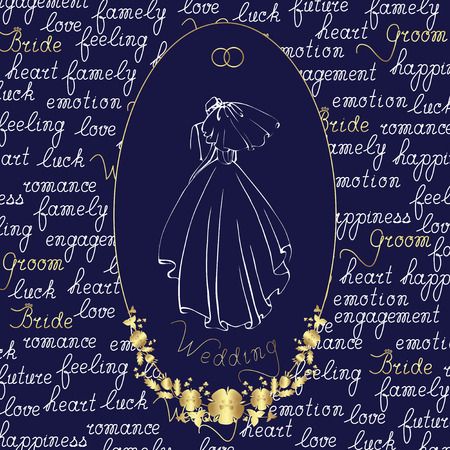 The bride in a long dress and veil with the groom. Vector isolated illustration in oval frame on the background of hand lettering. .のイラスト素材