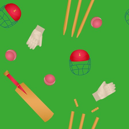 Accessories for cricket. Helmet, bat, gate, ball on a green background. Seamless bright vector pattern.のイラスト素材