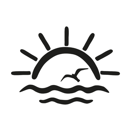 Sun and sea. Vector black and white icon isolated on black background.のイラスト素材