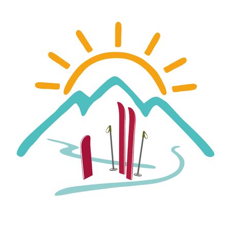 Mountains, sun, skiing, snowboarding. The concept of a healthy lifestyle, outdoor activities. Vector color logo. Isolated illustration.のイラスト素材