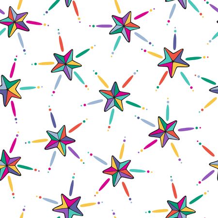 Bright multi-colored cartoon stars on a white background. Vector seamless pattern in a flat style.のイラスト素材