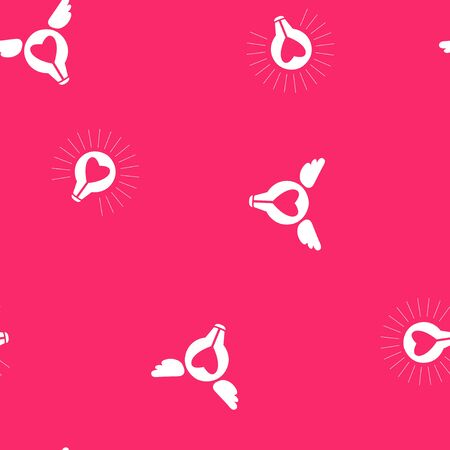 Funny hearts, glowing bulbs, wings of love on a red background. Seamless two-tone vector drawing for Valentines day.のイラスト素材