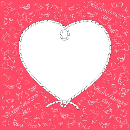 St. Valentine Day Congratulatory card with a frame from a cord in the form of a heart and linear drawings. Isolated vector.のイラスト素材