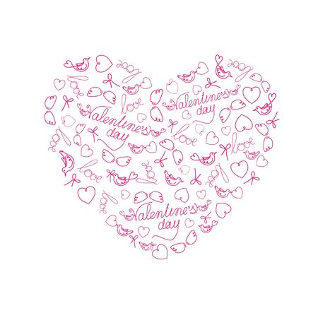 St. Valentines Day. Greeting card with hand lettering, cute hearts, wings, birds. Linear two-color vector.のイラスト素材