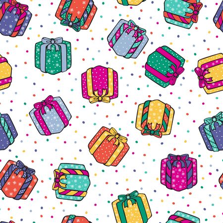 Cute cartoon gift boxes with snowflakes on the white background with bright dots. Winter holiday colorful vector hand drawing.のイラスト素材