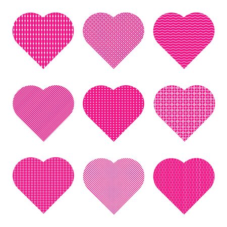 Pink hearts with various white geometric patterns. Set of 9 vector icons isolated on white...