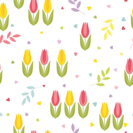Seamless floral pattern with tulips, hearts and twigs with leaves. Cute colored vector on white background.のイラスト素材