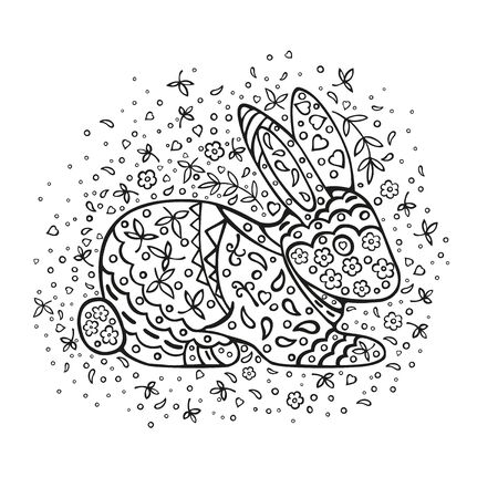 Coloring page. Cartoon rabbit, decorated with ornaments. Vector doodling isolated on white background.のイラスト素材