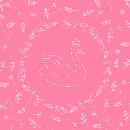 Swan in a round plant frame on the background of elegant branches and leaves. Linear vector. Card template.のイラスト素材