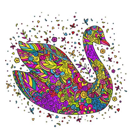 Cartoon swan, decorated with ornaments. Coloring page. Vector color doodling isolated on a white background.のイラスト素材