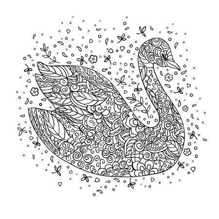 Coloring page. Cartoon swan, decorated with ornaments. Vector doodling isolated on white background.のイラスト素材