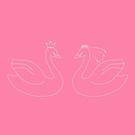 Two swans. Wedding symbols of the bride and groom. Stylized vector graphic isolated on a pink background.のイラスト素材