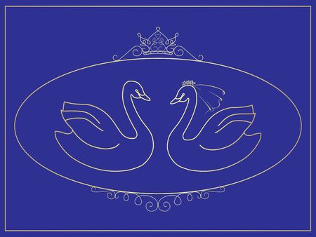 Stylized illustration of the bride and groom in the form of a pair of swans in an oval frame. Golden linear isolated vector.のイラスト素材