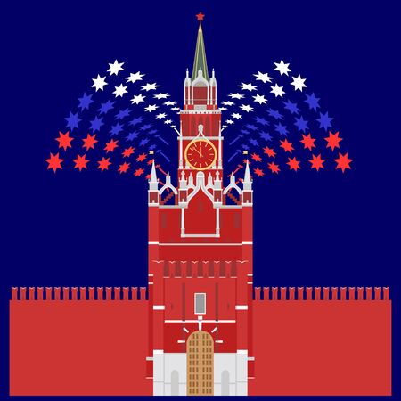 Image of the Kremlin Tower on the background of fireworks. Vector.のイラスト素材
