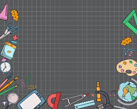 Back to school. Blackboard with student accessories. Cartoon vector.のイラスト素材