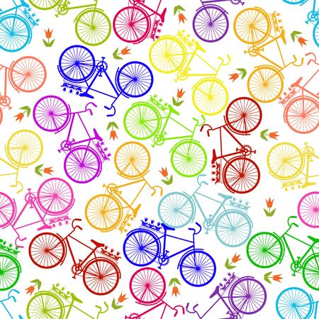Illustration of Bicycles, Riding on the bicycle,colored vector illustration. Seamless pattern.のイラスト素材