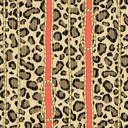 Golden cords with knots. Seamless vertical vector pattern on animal background.のイラスト素材