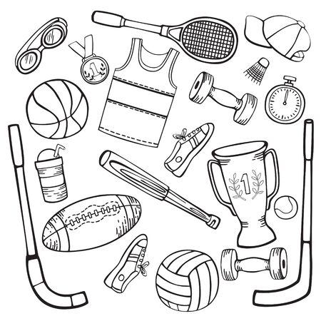 Sports equipment set of black and white vector illustrations in cartoon style isolated on white background.のイラスト素材