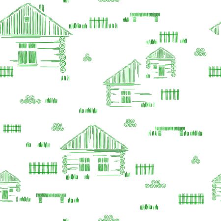 Wooden houses. Village Street. Stylized vector two-color hand drawing. Seamless pattern. The concept of ecological traditional construction.のイラスト素材