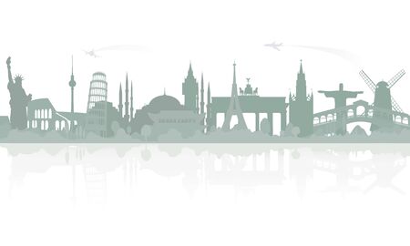 Skyline overlooking world famous architectural landmarks. Sample travel banner, travel advertisements. Vector monochrome isolated illustration.のイラスト素材