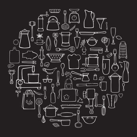 Kitchenware and tools for cooking. Cartoon color vector round composition for the design of menus, cookbooks, cards, posters. Isolated linear illustration on a black background.のイラスト素材