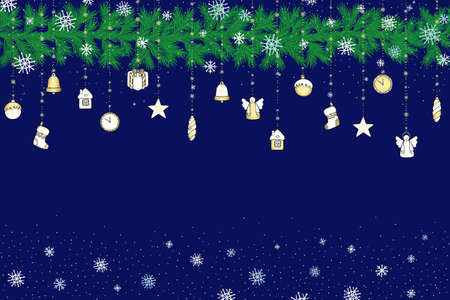 Cartoon Christmas toys, a garland of fir branches and snowflakes on a dark blue background. Colored vector seamless hand-drawing.のイラスト素材