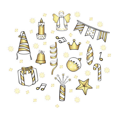 Christmas, New Year decorations, toys and accessories in a round decorative composition. Vector isolated cartoon illustration on a white background.のイラスト素材