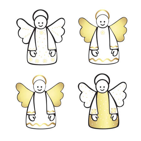 Set of Christmas, New Year's accessories. Vector cartoon illustration of four angels in black and white and gold colors.のイラスト素材