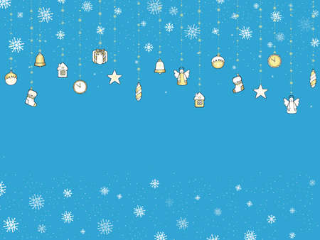 Winter vector background with falling snowflakes and hanging cartoon toys and symbols of Christmas and New Year.のイラスト素材