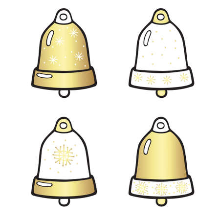 Set of Christmas, New Year's accessories. Vector cartoon illustration of four isolated bells in black and white and gold colors.のイラスト素材