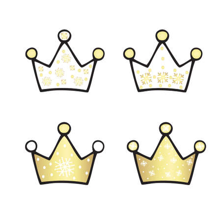 Christmas, New Year signs, symbols. Set of four cute holiday crowns. Cartoon vector isolated illustration. Hand drawing in traditional festive colors.のイラスト素材
