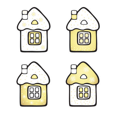 Set of Christmas, New Year's accessories. Vector cartoon illustration of four isolated houses in black and white and gold colors.のイラスト素材