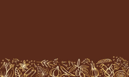 Spice herbs for delicious cooking. Isolated golden vector seamless border frameのイラスト素材