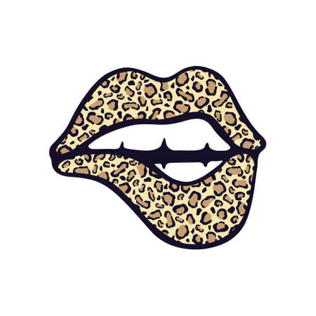 Vector illustration of leopard print lips parted with teeth bitten. Isolated color icon on white background. Hand drawing in cartoon style.のイラスト素材