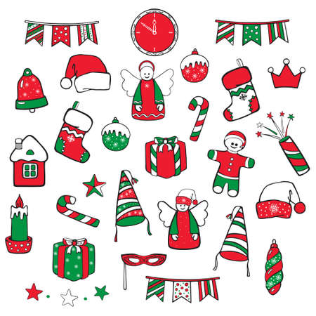 Large set of icons of Christmas and New Year symbols and items in traditional colors. Vector hand drawings in cartoon style isolated on white background.のイラスト素材