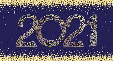 2021. New Year banner with openwork numbers and flying confetti. Golden vector gradient on a dark...
