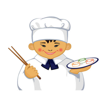 Smiling cartoon Asian little chef with sushi. Logo vector colorful icon isolated on white background. Hand drawing.のイラスト素材