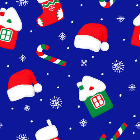 New Year and Christmas seamless cartoon pattern. Colorful socks, Santa hats, sugar canes, house on a blue background. Vector background with snowflakes and confetti.のイラスト素材