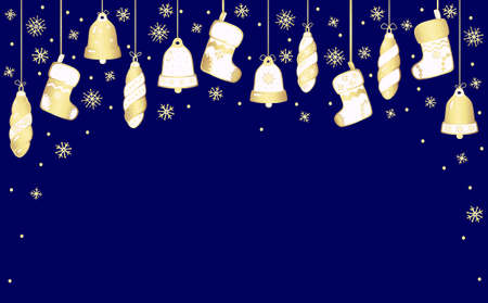 New Year, Christmas border made of cartoon characters of the winter holidays. Vector illustration isolated on blue background. Golden gradient.のイラスト素材